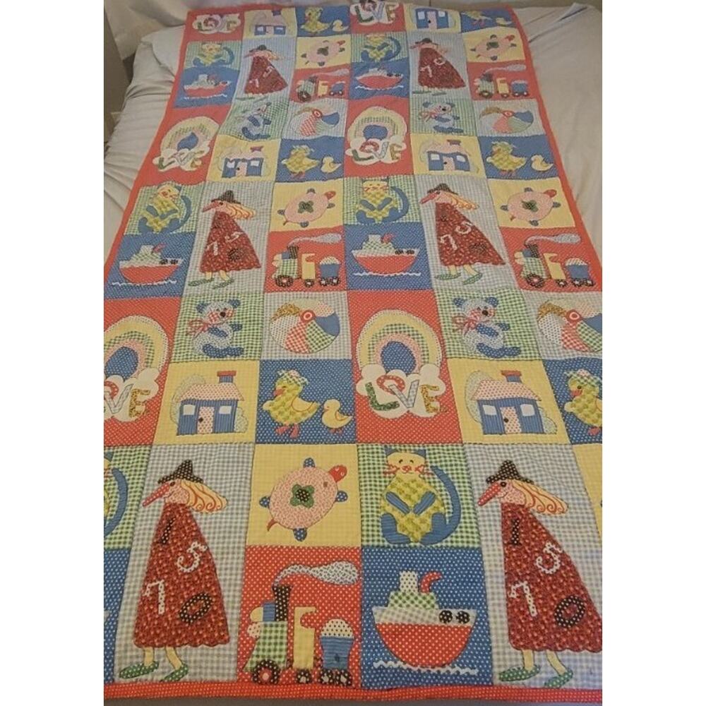 Homemade Vintage Kids Quilt Colorful Lap Wall Snuggle Throw Blanket Witch Cat
